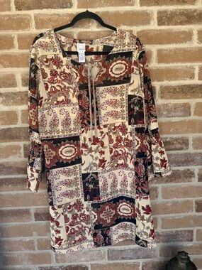 Roaman's Patchwork Print Midi Dress in Cream, Burgundy and Black